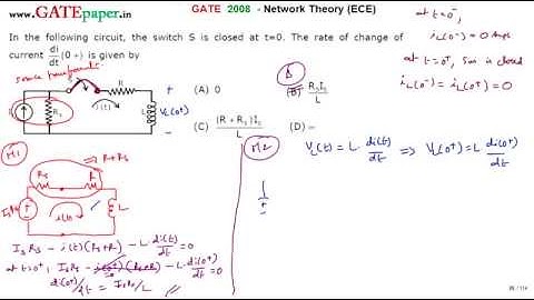 GATE 2008 ECE find the rate of change of current at t = 0+ of circuit shown when switch is closed