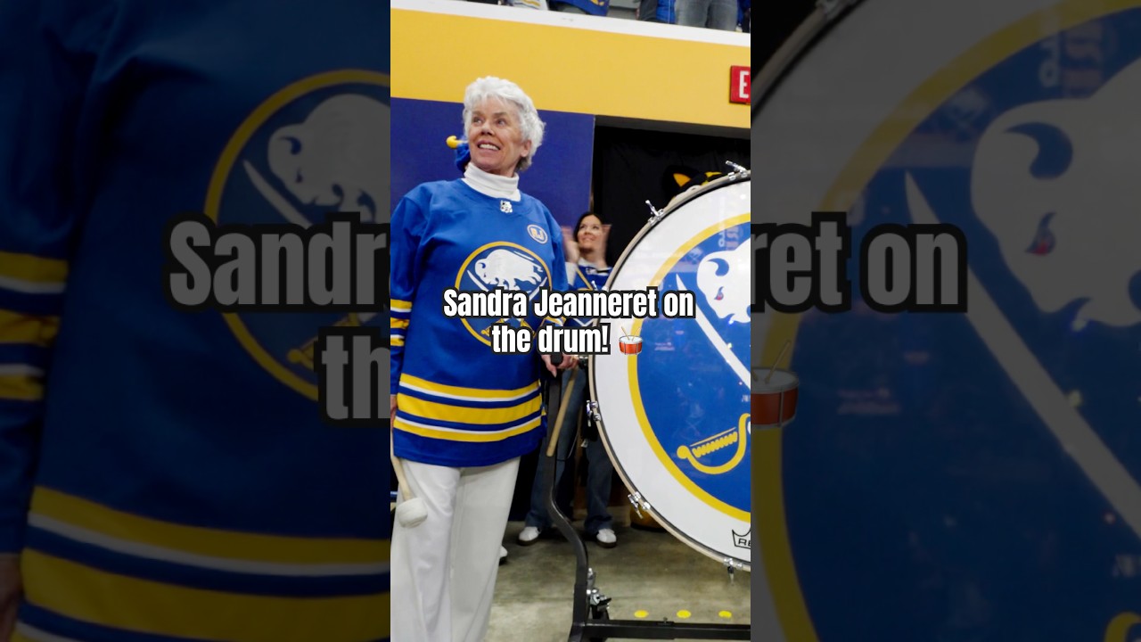 Sandra Jeanneret, wife of beloved Sabres announcer Rick Jeanneret, on the drum! #nhl #hockey #sabres