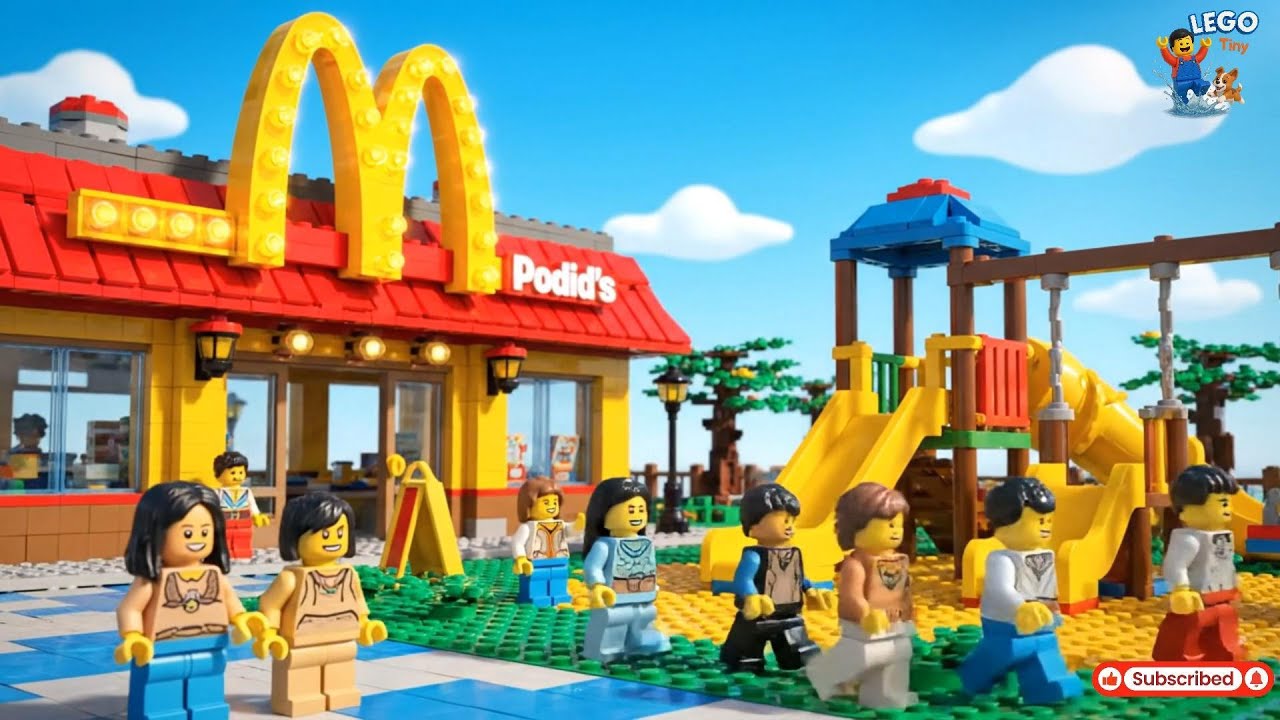 A LEGO child sliding down the yellow slide with arms up in joy, another child climbing / LEGO Tiny