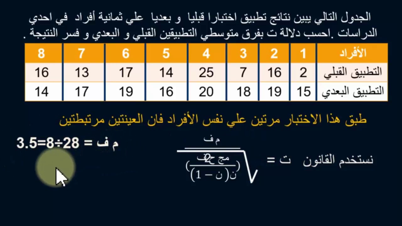 احصاء تربوي اختبار ت لحساب فروق المتوسطات