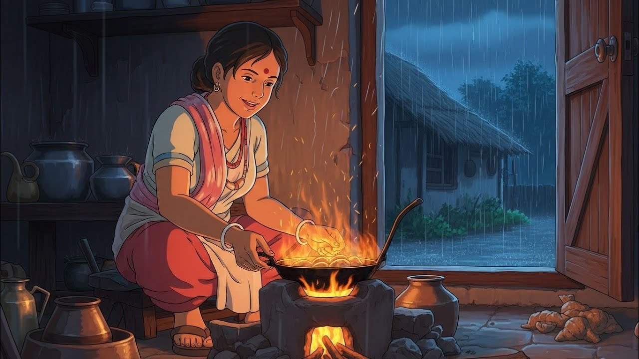 Cooking in the Rain 🌧️ | Ghibli Style Village Night Ambience