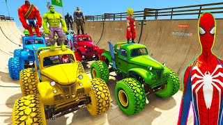 SPIDERMAN CARS Monster Trucks SEA Ramp Challenge ! SUPERHERO HULK Goblin FIRE TRUCK Stunts - GTA V