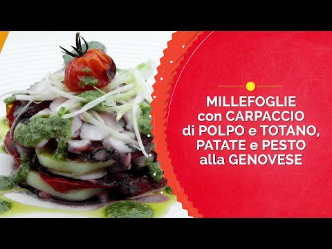 Millefoglie di carpaccio di polpo e totano con patate e pesto