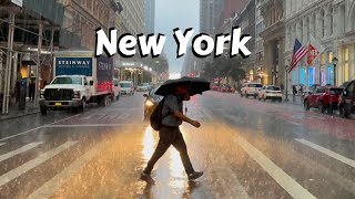 Walking In Heavy Rain Thunderstorm Manhattan New York  Lightning And Rainbow