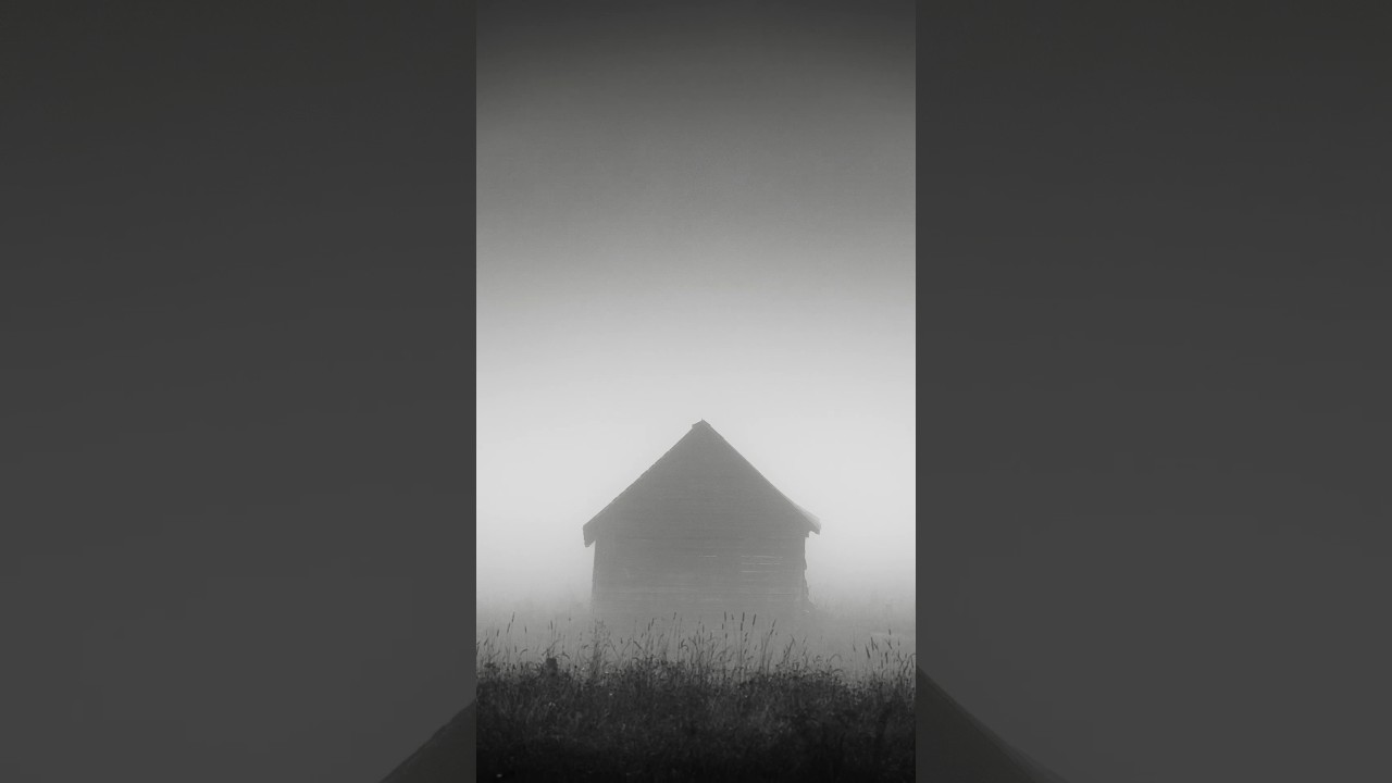 Minimalist Cabin Silhouette in Fog | Black and White Photography  