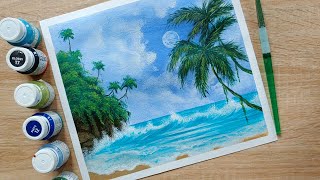 Морской пейзаж / Рисуем скалы с пальмами и морскую волну / Картина акрилом