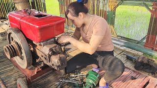Genius girl repairs and maintains the engine