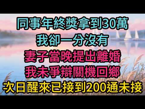 同事年終獎拿到30萬，我卻一分沒有，妻子當晚提出離婚，我未爭辯關機回鄉，次日醒來已接到200通未接電話與400條資訊