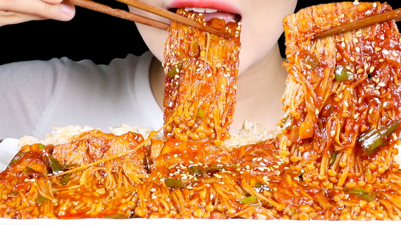 ASMR Spicy Enoki Mushrooms with Rice | Satisfying Crunch | Eating ...