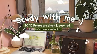 50/10 Pomodoro study session 📚sunset cottage core desk 🪴motivational texts 💌
