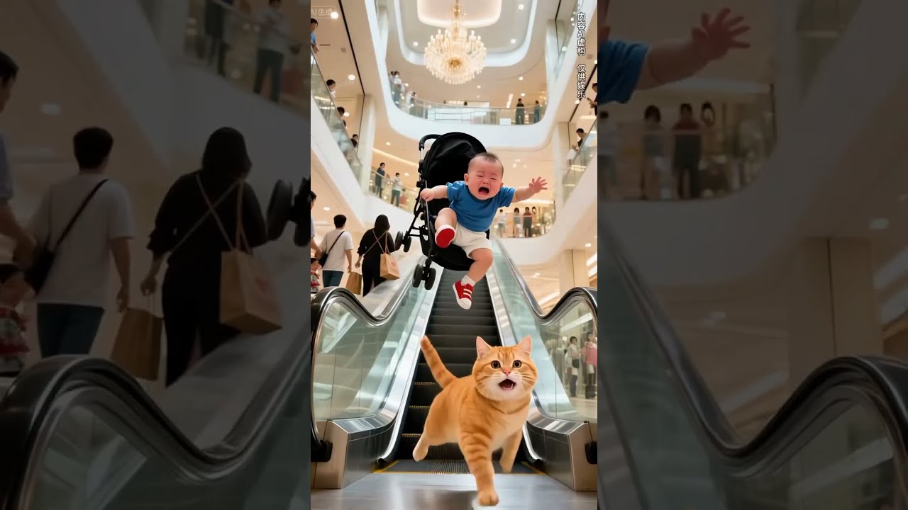 A cute baby is in danger in the elevator, and a fat orange cat comes to the rescue. Positive energy