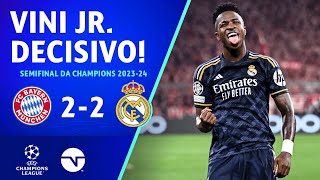 Thumbnail for VINI JR MARCA DUAS VEZES E MANTÉM O REAL VIVO! BAYERN DE MUNIQUE 2 X 2 REAL MADRID | CHAMPIONS
