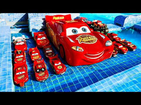 Disney Pixar Cars falling into deep pool, Lightning McQueen, Tow Mater, Mack, Sally, Francesco