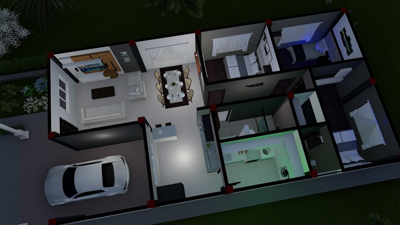 Plano de casa 3D con tres habitaciones, cocina americana y garaje para un terreno de 7x20 8x18 8x20