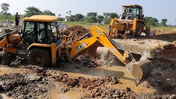 Two JCB Backhoe Machine Trying To Break Concrete Bridge - JCB Working For New Bridge Construction