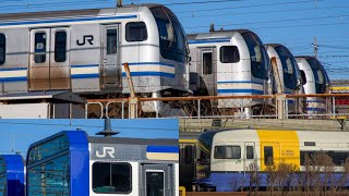 運用開始前日E235系1000番台・全検明けの255系・E131系8両編成留置の様子 幕張車両センターにて