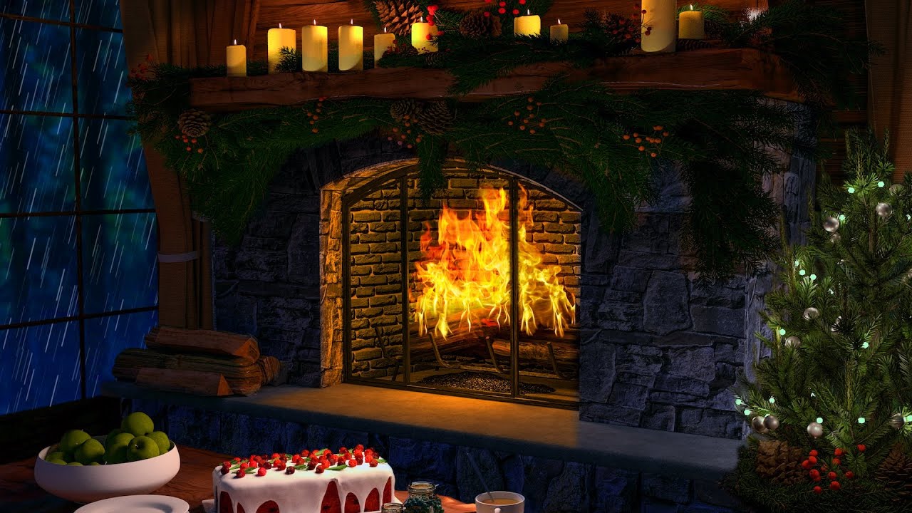 Yule Log Fireplace & Rain Sounds | Holiday Fireplace Ambience