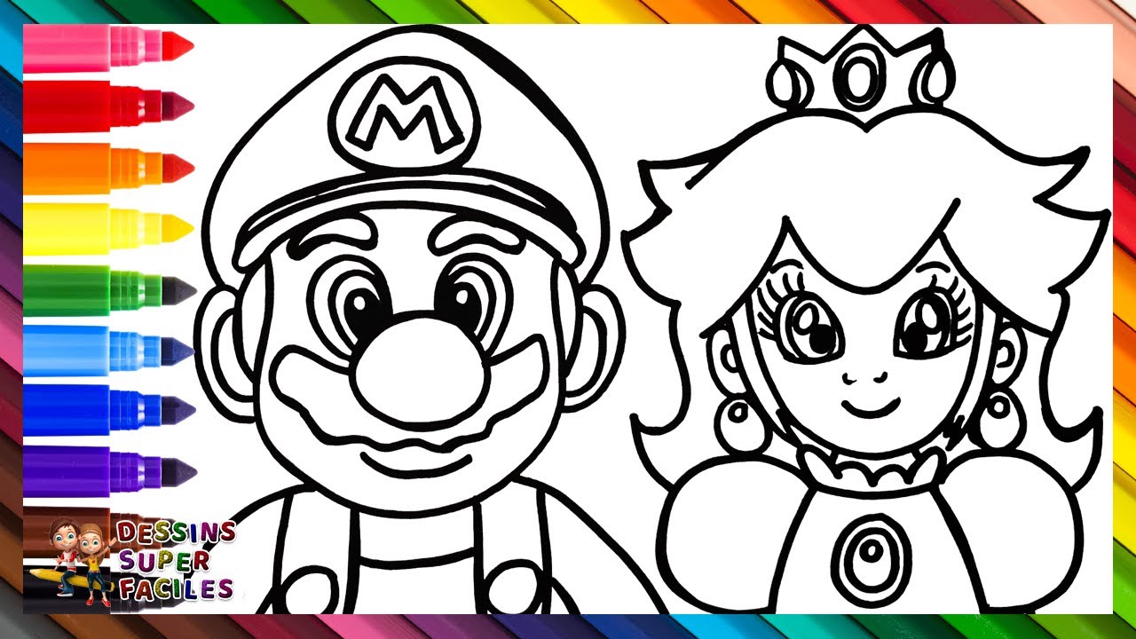 Dessin et Coloriage de Super Mario et de la Princesse Peach 👨 ️👸🏼🍄🌈