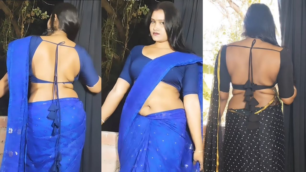Low Waist Saree Draping Style Posing in Blue Cotton Saree With Navy Blue Cotton Blouse Backless