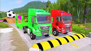 Double Flatbed Trailer Truck vs Speedbumps Train vs Cars Beamng.Drive #193  With Reverse