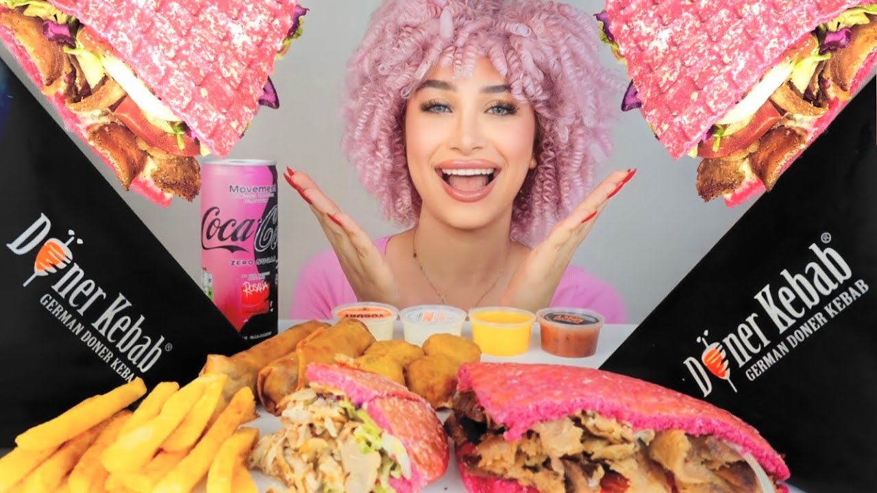 ASMR PINK FOOD MUKBANG Pink Donner Kebab Feast with Limited Edition Rosalía Coca Cola 💓
