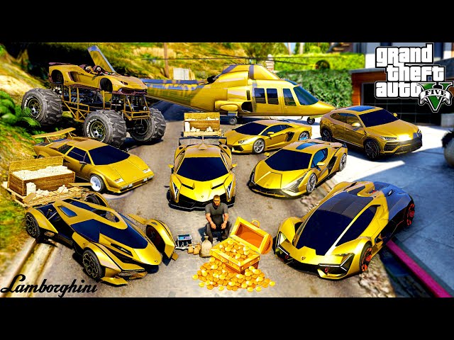 GTA 5 - Stealing Billionaire Lamborghini Golden Cars with Franklin! | (GTA V Real Life Cars #138) class=