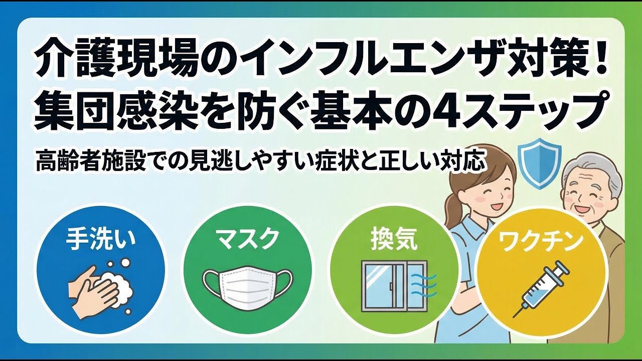 【介護研修】介護現場で見逃しやすいインフル症状と正しい対応 〜基本の4ステップ (手洗い・マスク・換気・ワクチン)