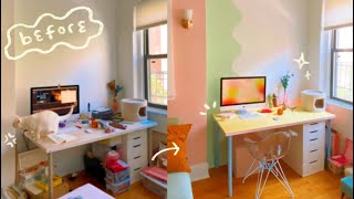 Pastel Dream Office Makeover • Easy wall mural, IKEA table flip & Declutter 🌟