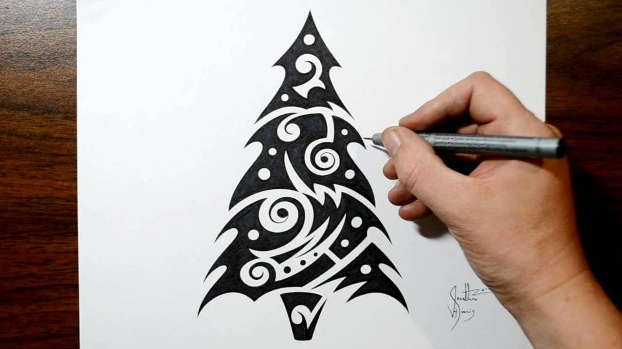 How to Draw a Christmas Tree - Tribal Tattoo Design Style - YouTube