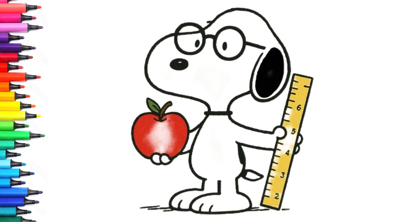 Милый Снупи, держащий яблоко. Рисунок, раскраска и краска для детей и малышей.