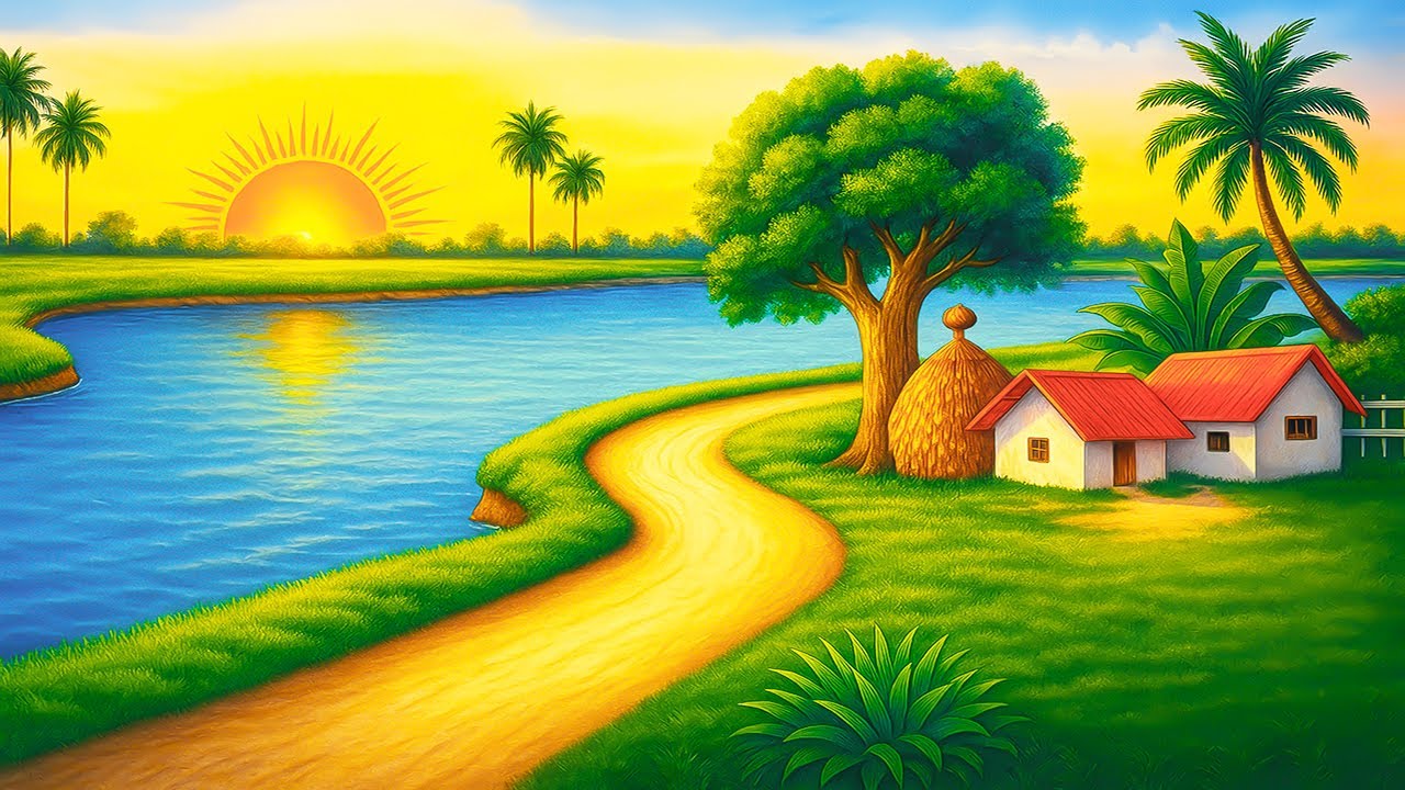 How to Draw a Beautiful Village Scenery with River and Sunrise | Easy Landscape Drawing for Beginner