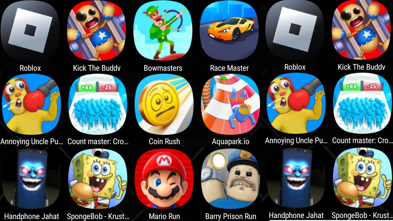 Roblox,Aquapark.io,Bowmasters,Race Master 3D,Count Master 3D,Coin Rush,Barry's Prison Run,Mario Run
