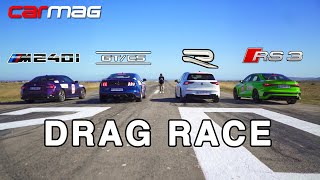DRAG RACE: BMW M240i xDrive vs Ford Mustang California Special vs Volkwsagen Golf 8 R vs Audi RS 3