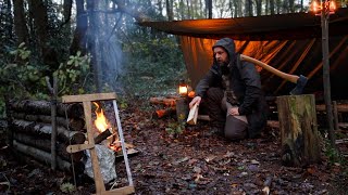 Solo Bushcraft Camp under fallen tree - Too Much Rain!