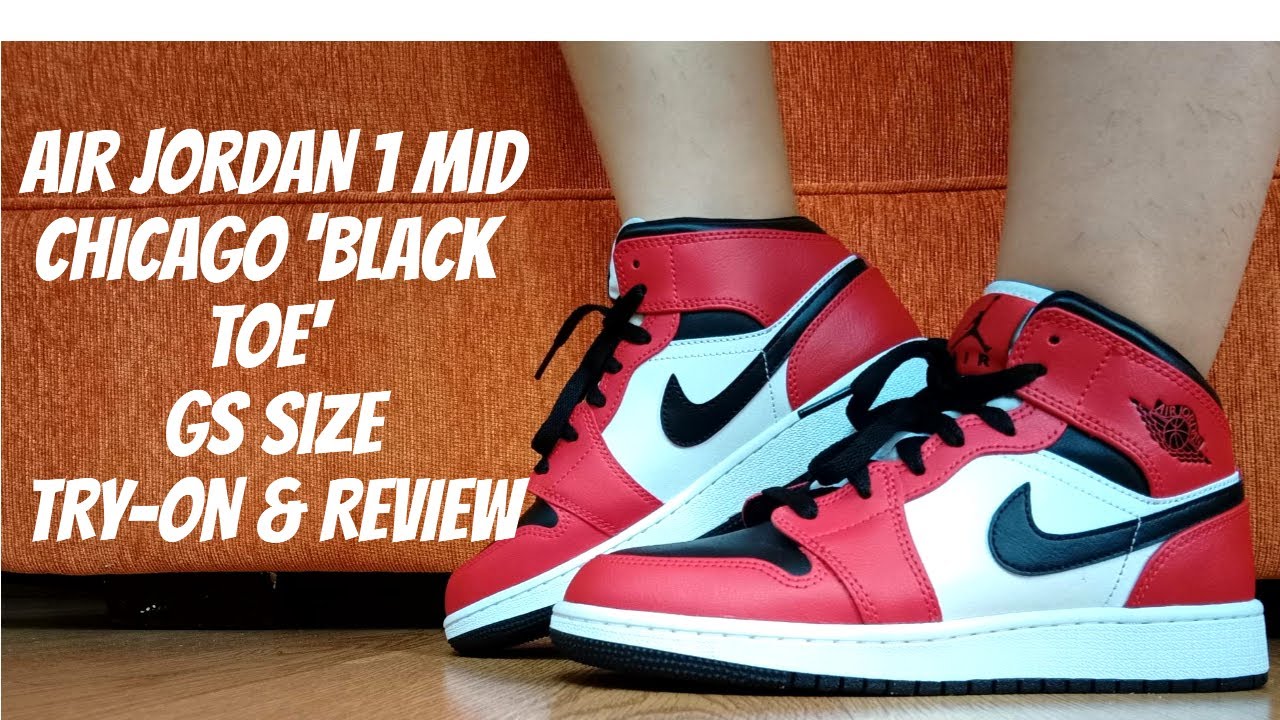 AIR JORDAN 1 MID CHICAGO 'BLACK TOE' GS SIZE | TRY-ON & REVIEW ...