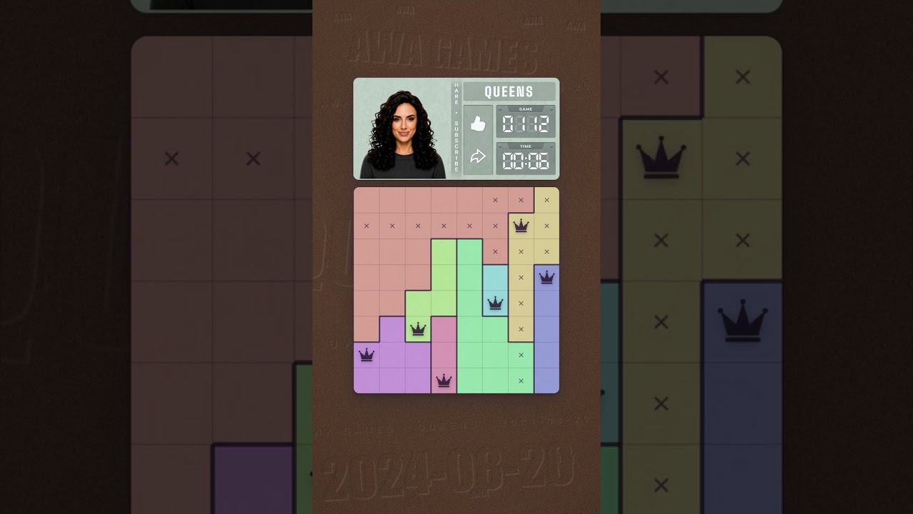 LinkedIn Queens #112 solved board for August 20, 2024, 8x8 grid