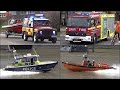 Rescue Boats responding with siren and lights + Fire Trucks, Police Cars and Ambulances