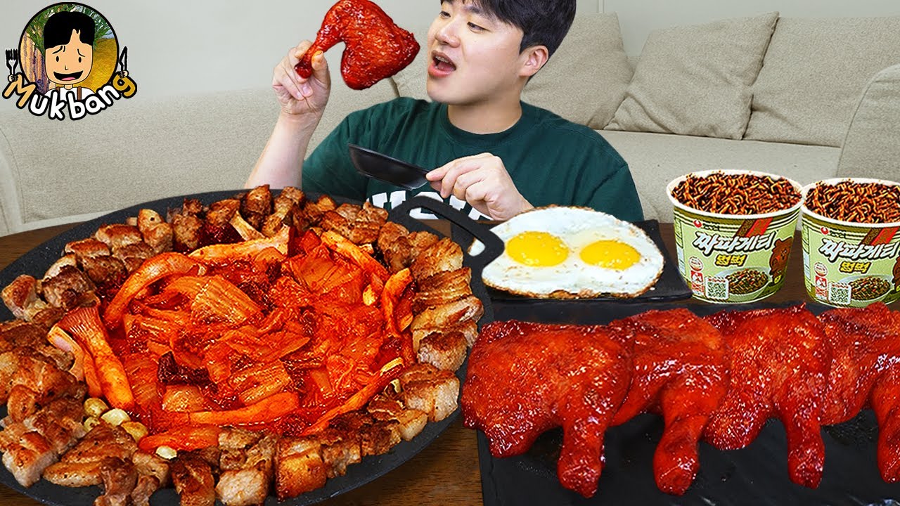 ASMR MUKBANG | Гигантские куриные голени-барбекю, лапша с черной фасолью мукбанг!