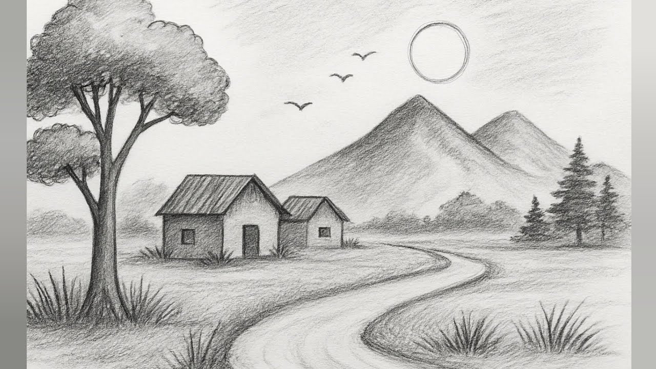 Peaceful Village Scenery Drawing | Easy Pencil Sketch Art | Tanvir Art Academy
