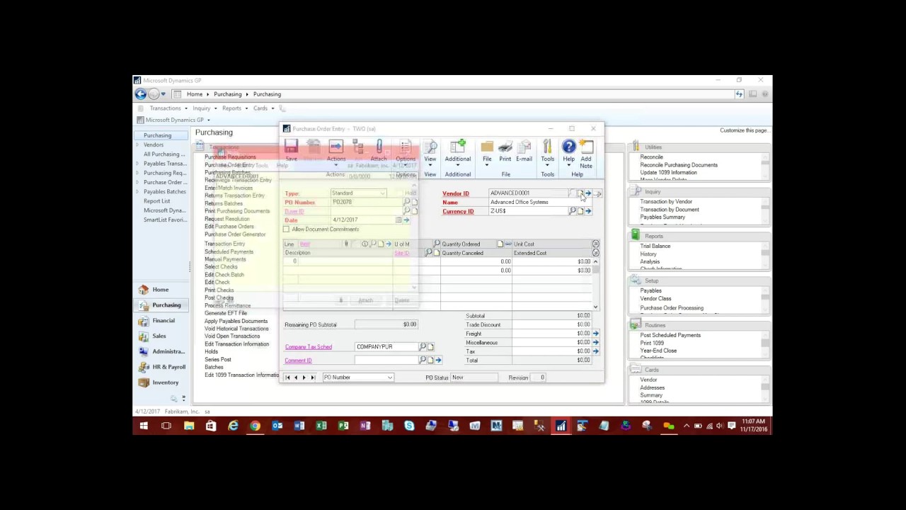Overview of purchase order entry in Microsoft Dynamics GP - YouTube