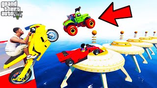 FRANKLIN TRIED IMPOSSIBLE UFO MEGARAMP PARKOUR CHALLENGE CARS BIKES TRUCKS GTA 5 | SHINCHAN and CHOP