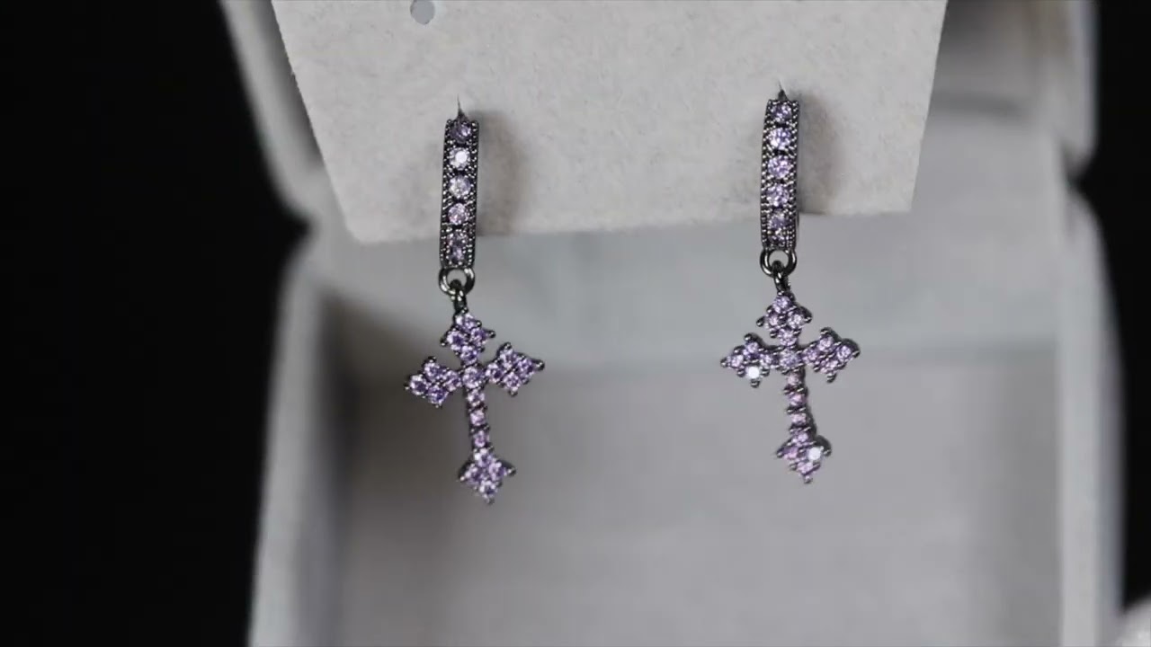 Purple diamond cross hoop earrings, diamond cross hoop earrings, Black cross earrings
