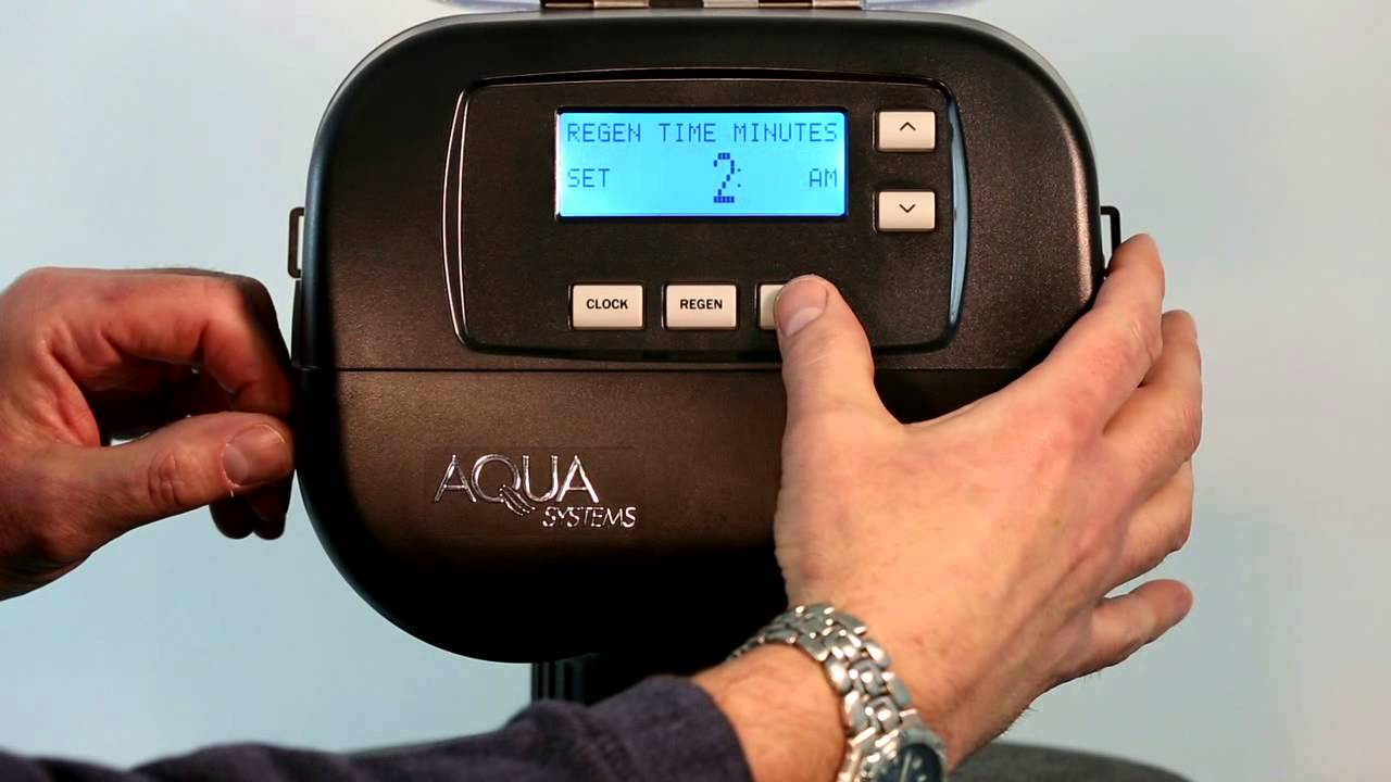 water softener control panel clock setting example with 2 AM regeneration time