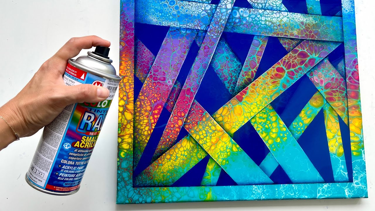 #176 3D TAPE SPRAY ACRYLIC POUR PAINTING fluidart tutorial #acrylicpouring #painting #art #artist