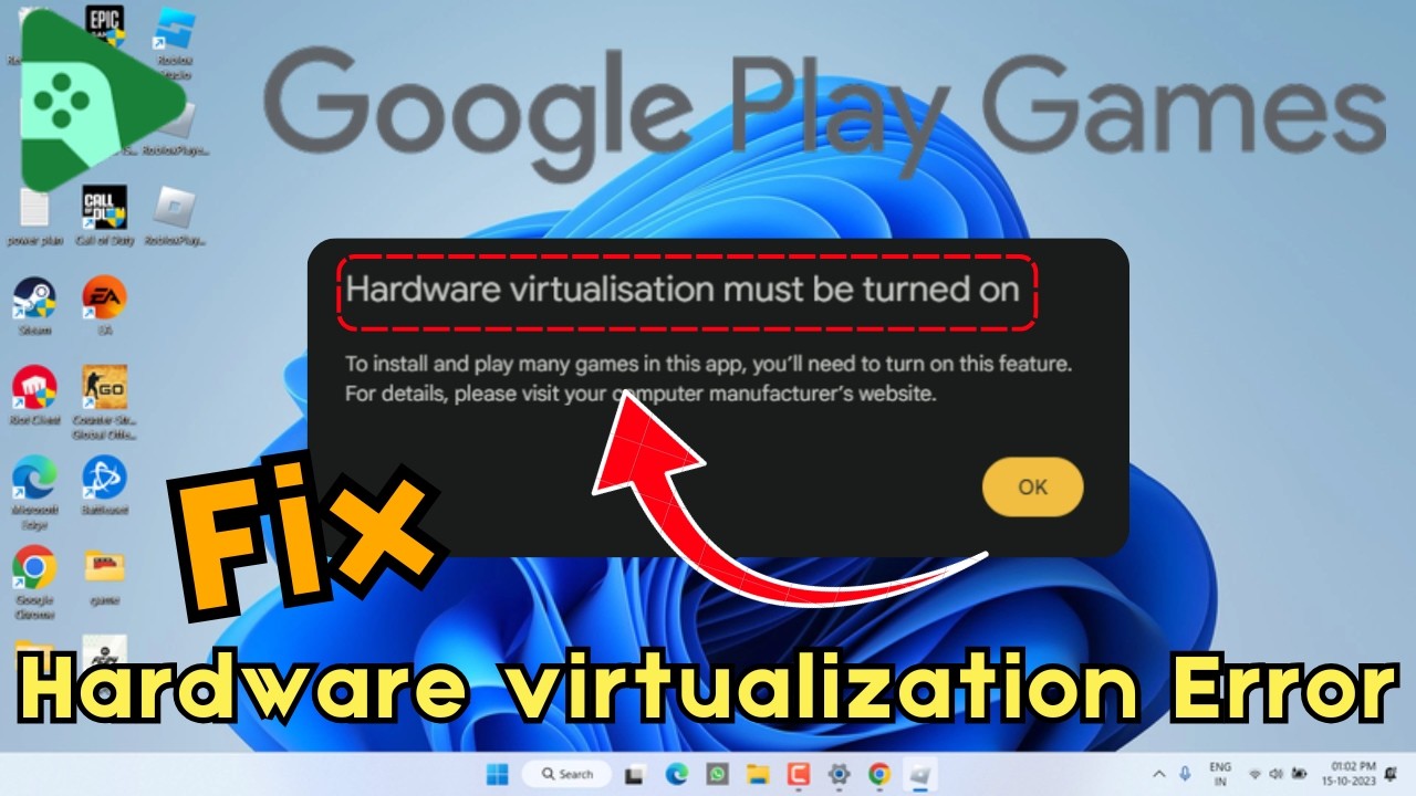 Hardware virtualization must be turned on google play games fix - YouTube