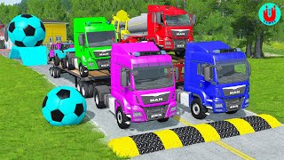 Double Flatbed Trailer Truck vs Speedbumps Train vs Cars | Tractor vs Train Beamng.Drive 84