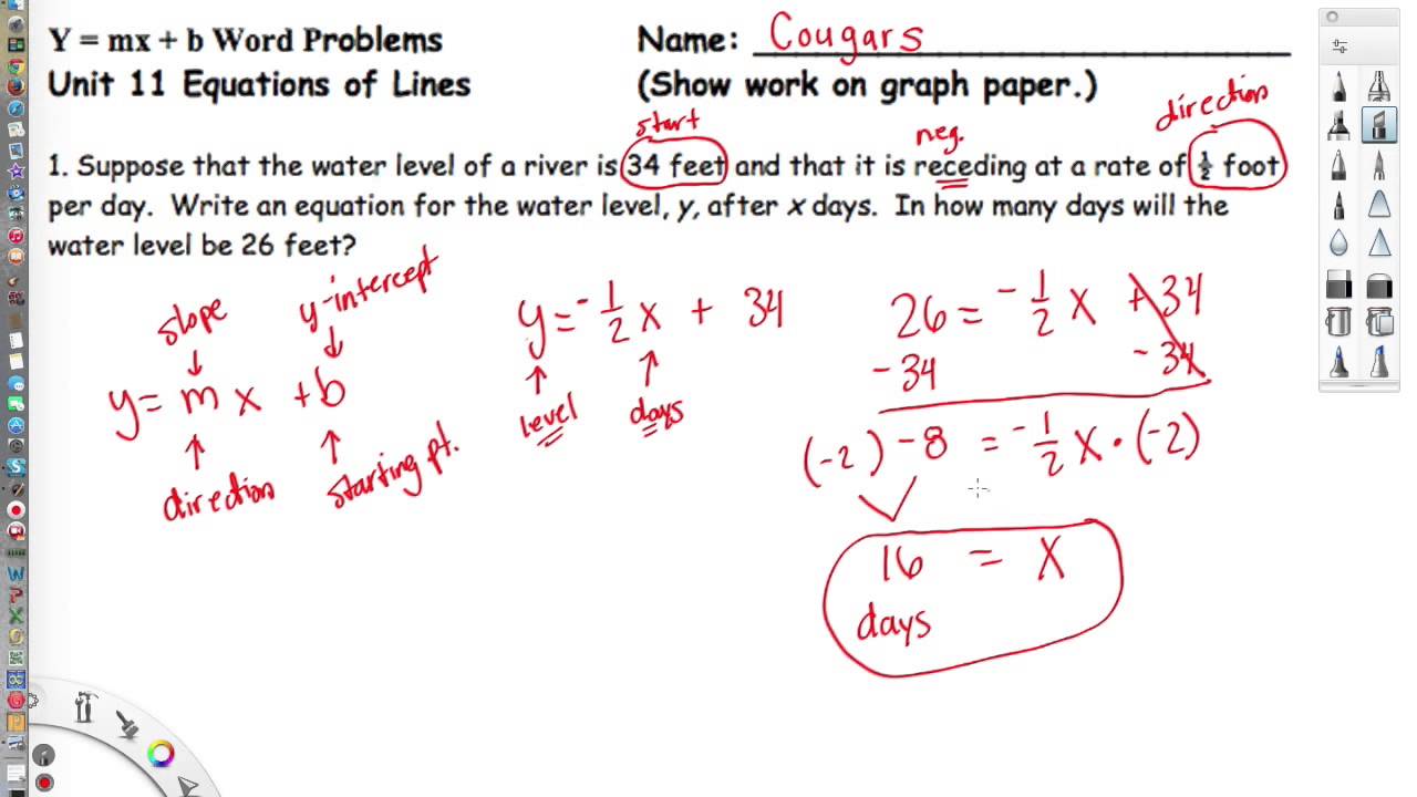 Y Mx B Word Problems Worksheet Answers