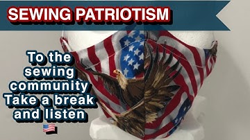 Batch sewing patriotic fabric face mask while listening to the Star Spangled Banner