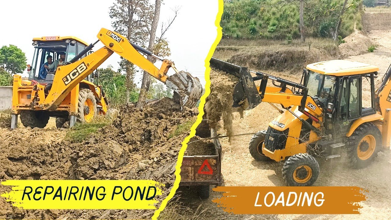 JCB Backhoe Loader Repairing Pond And Soil Loading Trolley For Making Dam | Part - 1