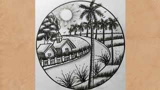 Beautiful Village Nature Scenery Drawing | Pencil Art
